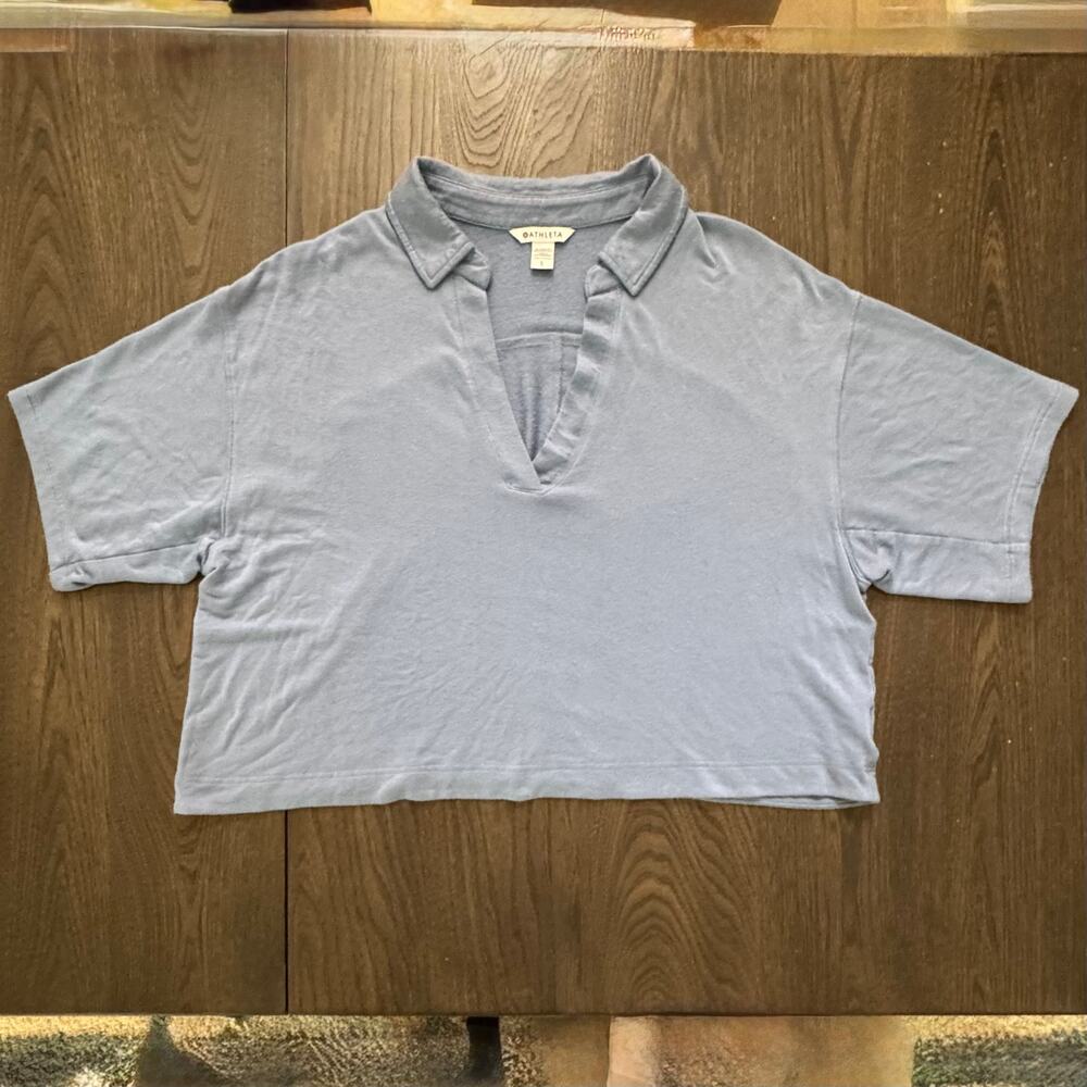 Athleta Westwood Sweatshirt Tee Large Blue Modal Oversized Collared Top